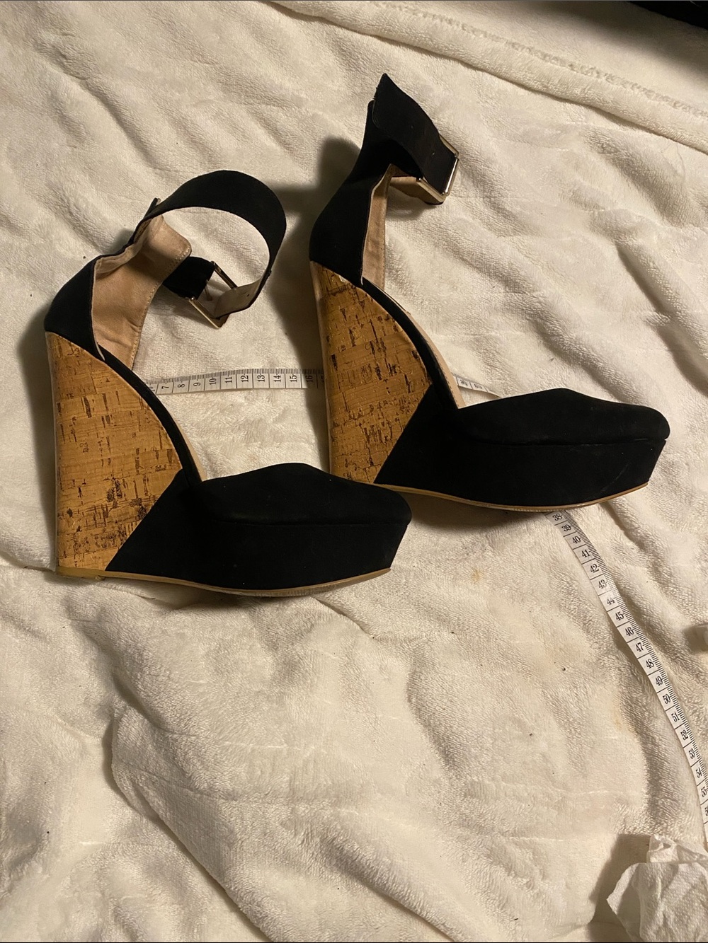 Black suede-like with  Cork look Platform Wedge Sandals